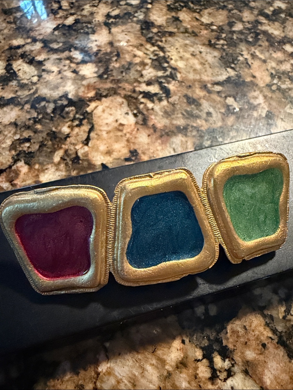 Vintage Three-Stone Gold-Tone Hairclip with Red, Blue, and Green Stones